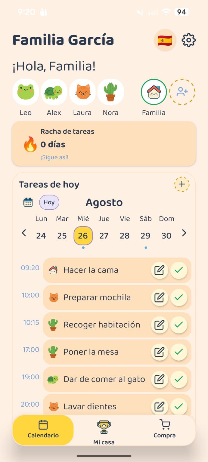 Captura real del calendario de tareas de FunTaskTik